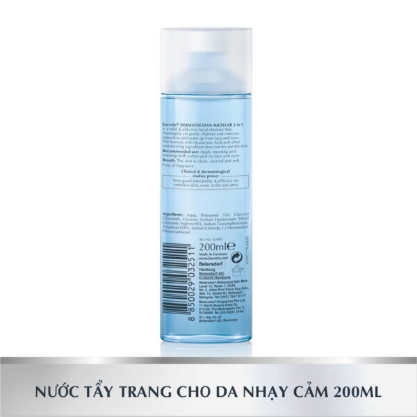 Nước tẩy trang dịu nhẹ cho da nhạy cảm Eucerin Dermato Clean Micellar Hyaluron 3 In 1 200ml