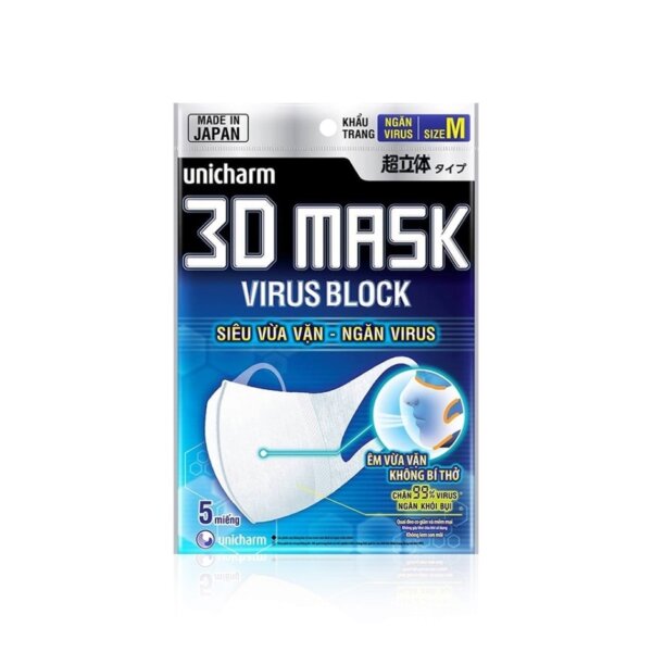 Combo 5 Khẩu trang ngăn vi khuẩn Unicharm 3D Mask Virus Block (Ngăn được bụi mịn PM2.5) size M gói 5 miếng