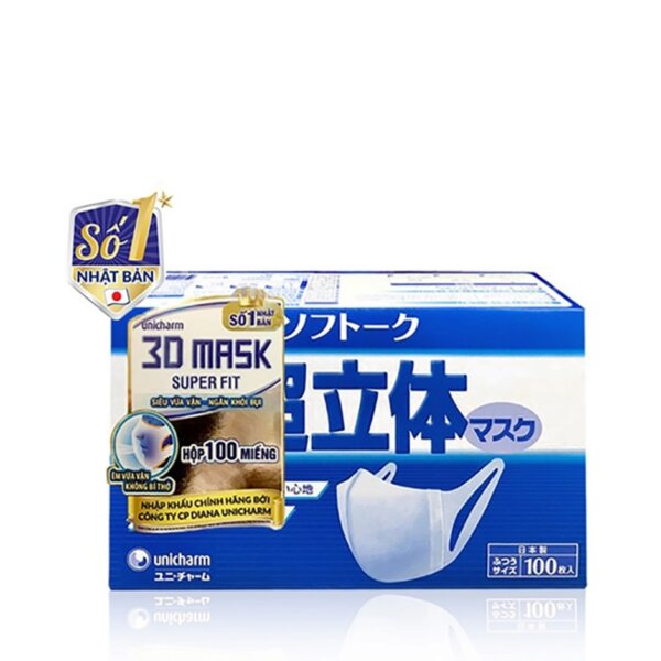 Khẩu trang ngăn khói bụi Unicharm 3D Mask Super Fit size M (Ngăn được bụi mịn PM10) 100 miếng