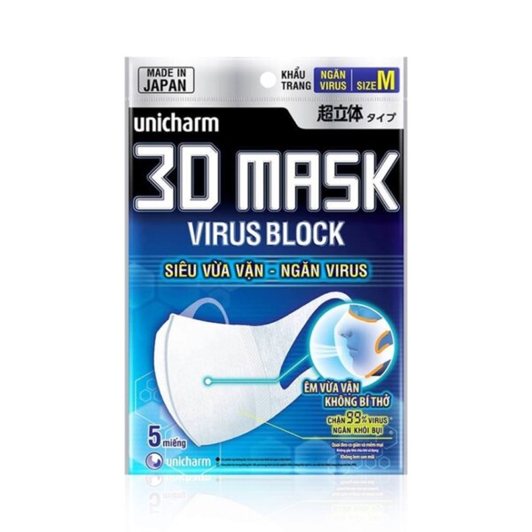 Khẩu trang ngăn vi khuẩn Unicharm 3D Mask Virus Block (Ngăn được bụi mịn PM2.5) size M gói 5 miếng