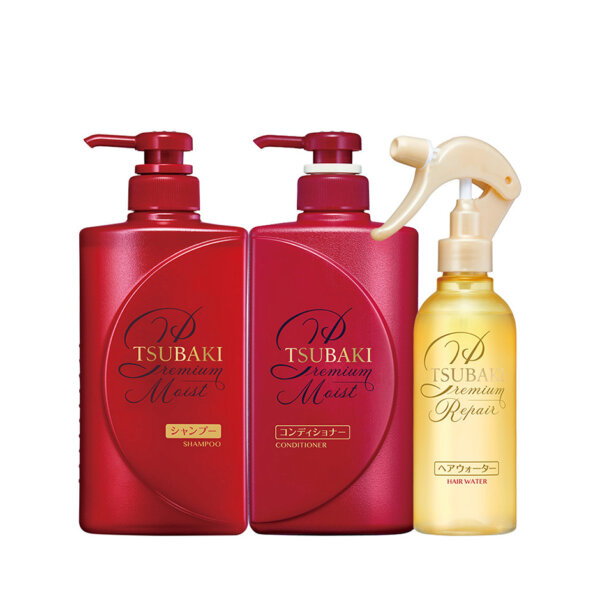 Bộ gội xả Premium Moist Tsubaki (490ml/chai) + Xịt dưỡng tóc Phục hồi hư tổn Tsubaki Premium Repair Hair Water 220ml